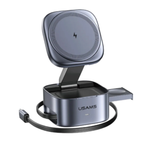 USAMS CD257 – Qi2.0 3‑en‑1 chargeur sans fil magnétique 30 W (téléphone + montre + écouteurs + câble rétractable)