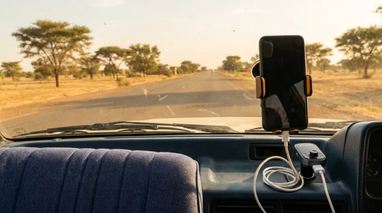 Téléphone sur support de tableau de bord, en charge via un adaptateur allume-cigare, route du Sahel au soleil