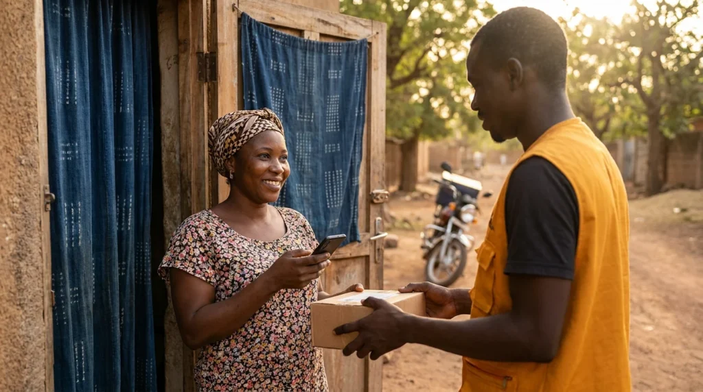 Cliente recevant un colis Ferefen à domicile à Bamako, remis par un livreur
