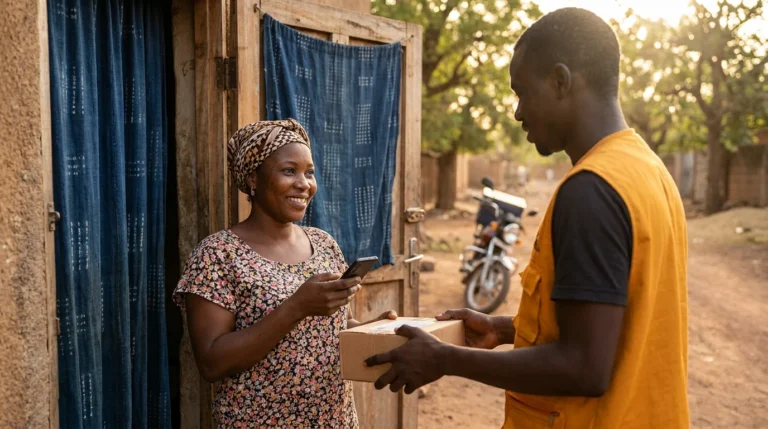 Cliente recevant un colis Ferefen à domicile à Bamako, remis par un livreur