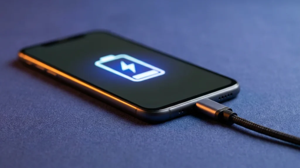 Smartphone en charge rapide sur un câble USB-C tressé, icône de batterie à l’écran