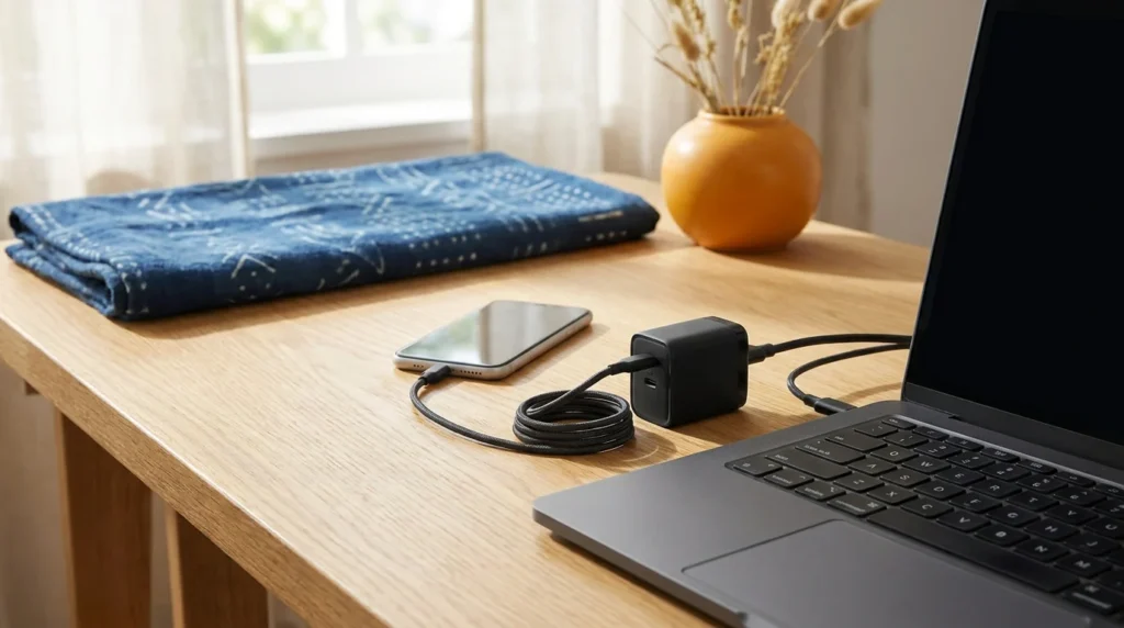 Chargeur USB-C GaN avec câble rétractable sur un bureau, téléphone et ordinateur en charge