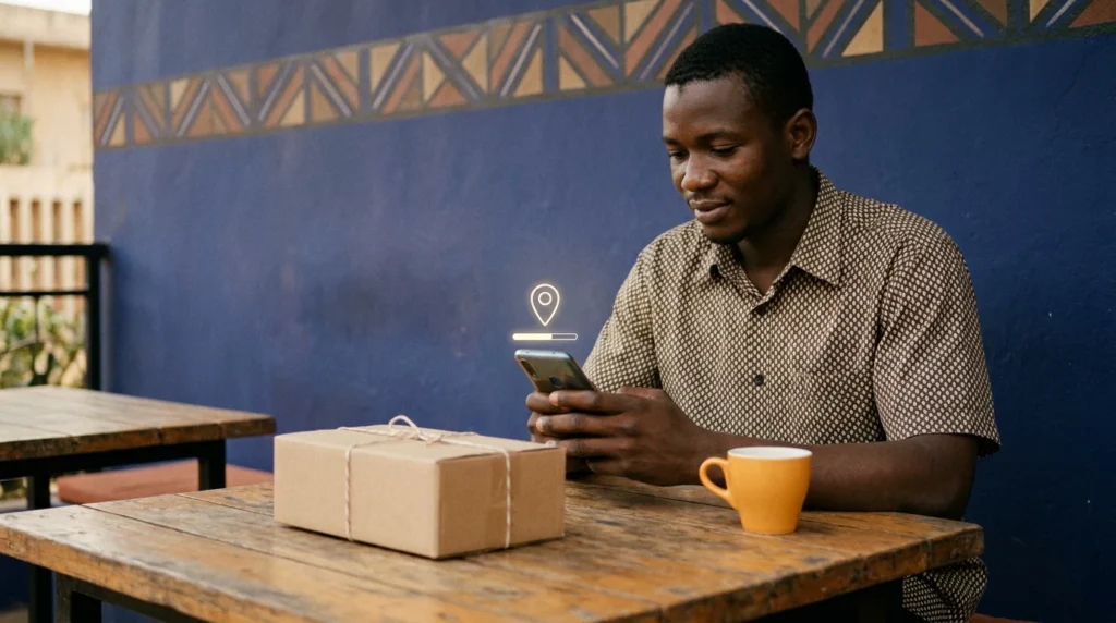 Client suivant sa commande sur son téléphone, un colis posé devant lui Client suivant sa commande sur son téléphone, un colis posé devant lui